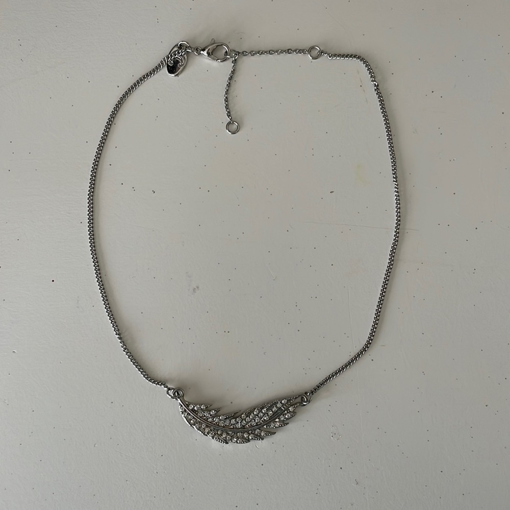 Silver Necklace with Jeweled Feather Charm